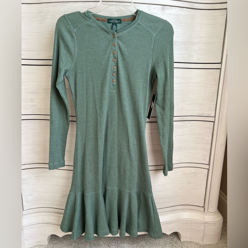 NEW WITH TAGS LRL Lauren Jeans Co Waffle Knit Dress Ruffle Olive Green